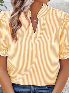 Striped Yellow Split-Neck Women’s Top